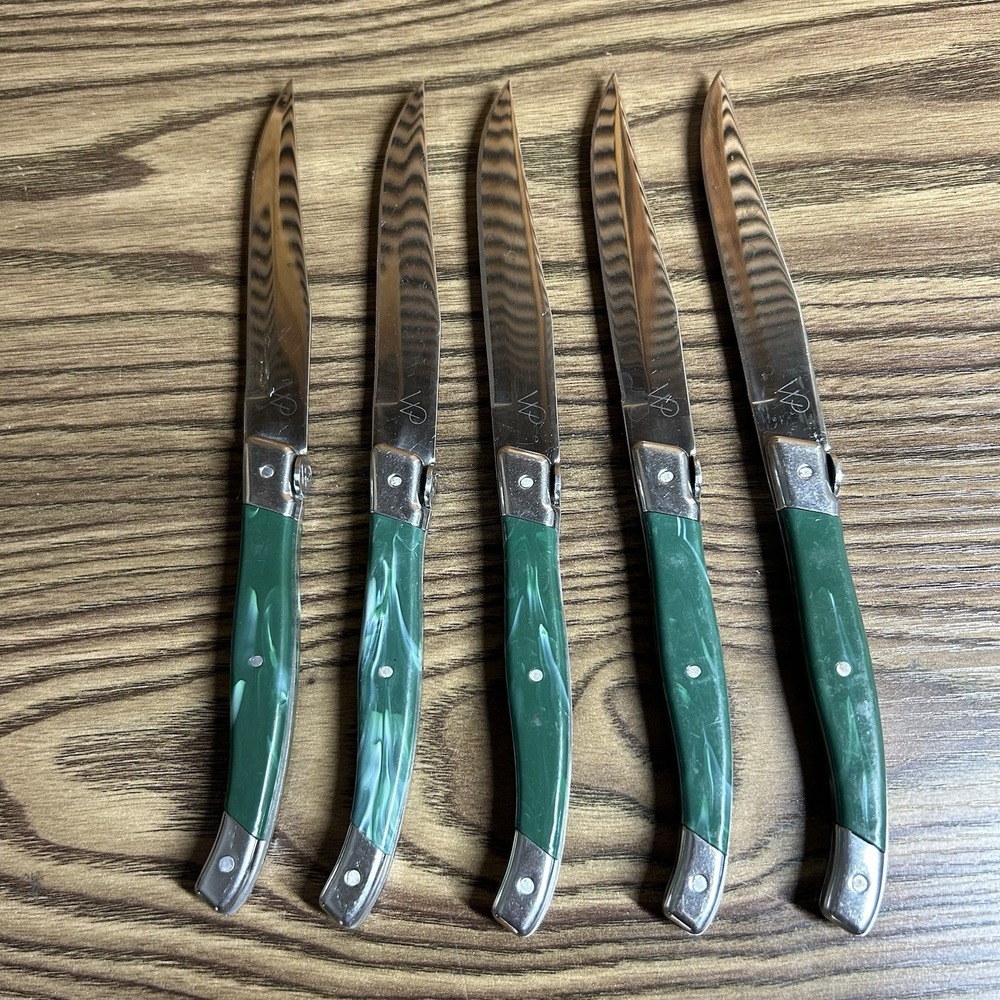 Wolfgang Puck Laguiole Steak Knife Set Stainless Steel Monogram WP Green Marbled
